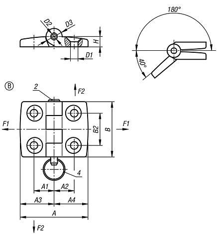 Dobradiças de plástico, separável, desmontável, forma B, com pino/cabeça e anel de chave